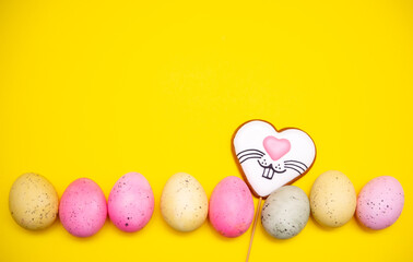 Easter pastry background. Colorful icing Easter cookies, with different symbols and decorations. Traditional easter sweets flat background