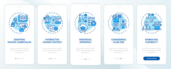 Online teaching tips onboarding mobile app page screen with concepts. Interactive course content walkthrough 5 steps graphic instructions. UI vector template with RGB color illustrations