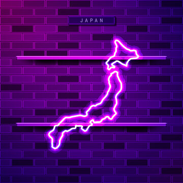 Japan Map Glowing Neon Lamp Sign. Realistic Vector Illustration. Country Name Plate. Purple Brick Wall, Violet Glow, Metal Holders.