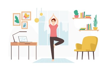 Cartoon Color Character Person Male and Home Yoga Concept. Vector