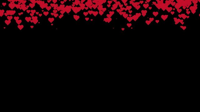 Flying hearts on the black background - emitting from the upper side. Loop animation, motion graphic, useful for graphics composing elements