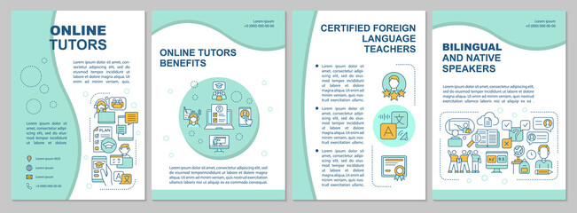 Online tutors brochure template. Flyer, booklet, leaflet print, cover design with linear icons. Bilingual education. Vector layouts for magazines, annual reports, advertising posters