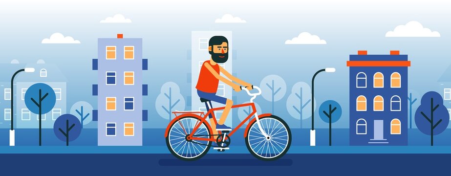 Bearded Man cyclist ride bicycle through the city street Hipster on a bike. Vector cartoon illustration.