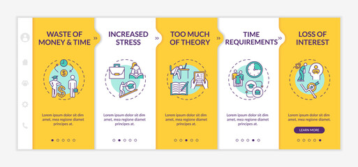 Employee training and development disadvantages onboarding vector template. Money wasting. Too much theory. Responsive mobile website with icons. Webpage walkthrough step screens. RGB color concept