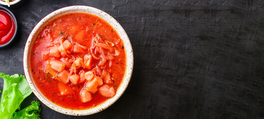 red tomato soup first course borscht meat and vegetables on the table no meat vegetarian or vegan meal snack keto or paleo diet outdoor top view copy space for text food background rustic