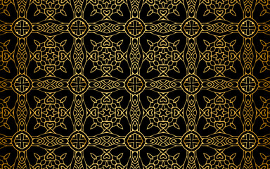 Artistic ethnic geometric gold pattern on a black background. Texture for ornament, border, wallpaper, textile.