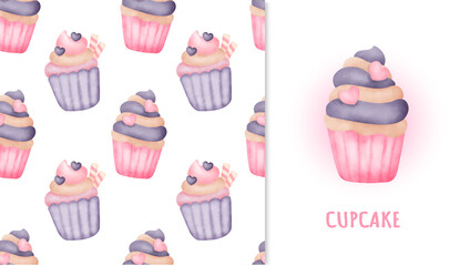  seamless pattern sweet cupcake and greeting card in water color iillustration.