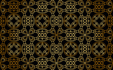 Artistic ethnic geometric gold pattern on black background. Original ornament texture for design and decor, textiles, wallpaper.