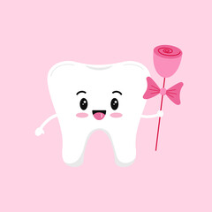 Valentines day tooth with rose dental icon isolated on background. Dentist cute white tooth character in love with flower. Flat design cartoon vector dentistry clip art illustration.