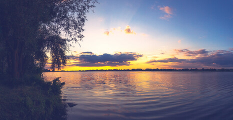Naklejka na ściany i meble Beautiful sunset on Rastavitsa river, Ukraine