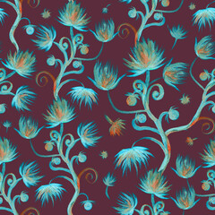 Fototapeta na wymiar seamless watercolor pattern decorative fabulous blue flowers on lilac background
