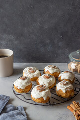 Sweet cinnamon buns with glaze. Pastries. Breakfast.