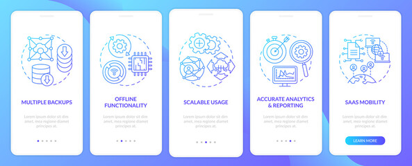 SaaS pros onboarding mobile app page screen with concepts. Offline functionality, analytics, mobility walkthrough 5 steps graphic instructions. UI vector template with RGB color illustrations