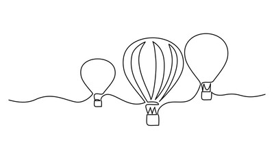 Heißluftballons fliegen im Himmelszeichen. Kontinuierliche einzeilige Zeichnung
