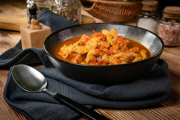 Chicken fricassee with red paprika and onion.