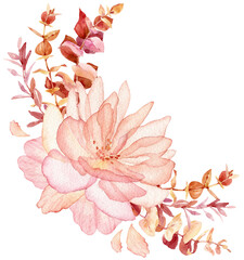 Boho wedding Floral bouquet clipart - watercolor modern clipart eucalyptus leaves and rose flowers, delicate romantic style