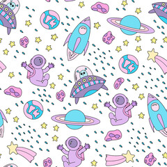 Seamless pattern with space elements. Doodle style. Hand-drawn. Vector illustration for children. It can be used to design textiles, clothing, notebooks, wrapping paper.