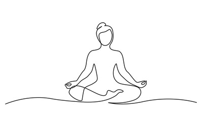 Woman sitting in lotus pose yoga. Continuous one line drawing.