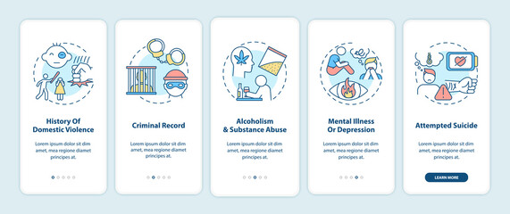 Personal history of violence onboarding mobile app page screen with concepts. Gun control guidelines walkthrough 5 steps graphic instructions. UI vector template with RGB color illustrations