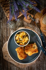 Pieces of fried cod fillet.