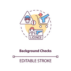 Background check concept icon. Criminal record. Personal history with crime. Firearm license. Gun control idea thin line illustration. Vector isolated outline RGB color drawing. Editable stroke