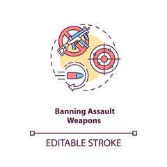 Ban assault weapons concept icon. Firearm regulation for caution. Violent crime prevention. Gun control idea thin line illustration. Vector isolated outline RGB color drawing. Editable stroke
