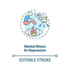 Mental illness or depression concept icon. Anxiety and stress. Psychotherapy and psychotherapy idea thin line illustration. Vector isolated outline RGB color drawing. Editable stroke