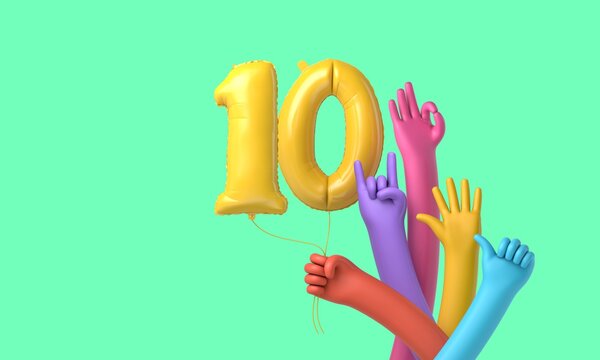 Colourful hands holding a happy 10th birthday party balloon. 3D Rendering