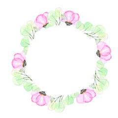 Watercolor hand painted nature circle frame with delicate leaves on branches and pink flowers wreath bouquet on white background for invitation and greeting card.