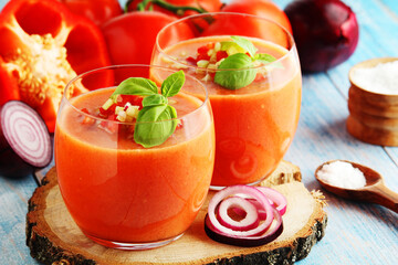 Cold Spanish soup Gazpacho served in glasses