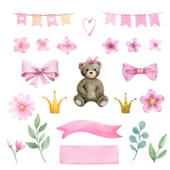 Newborn Baby girl shower clipart elements.Watercolor set of illustrations with teddy bear,flowers,clouds,stars for baby girl shower isolated on white background.