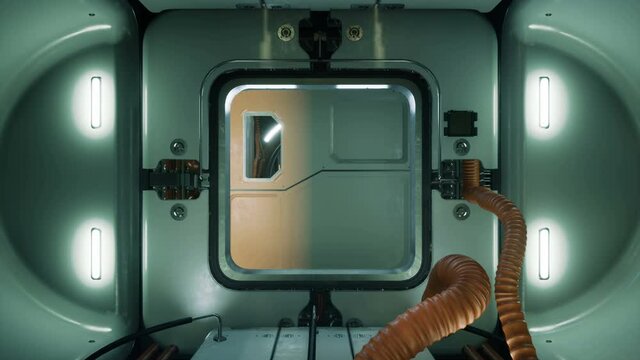The camera flies through the spaceship module. The animation is for fantastic, the futuristic or space travel backgrounds.