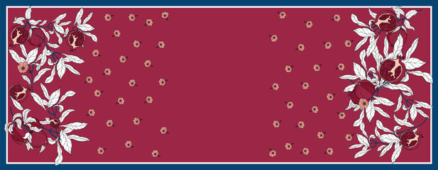 Silk scarf with pomegranate branch with fruits and flowers. Size 180x70. Card, bandana print, kerchief design, napkin, wedding invitation, birthday, fabric, healfy food, scrapbook. Ready for print