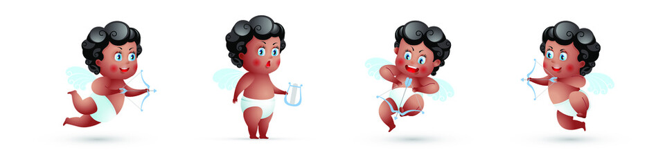 Amur African American baby angel. Cute funny cupid little god eros Greece kids in different poses. Valentine angel collection. Vector isolated.