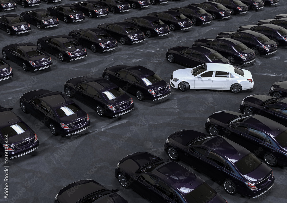 Poster 3d render image representing a fleet of luxury car with one standing out