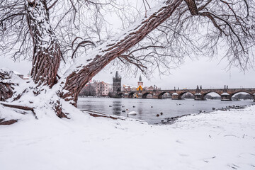 Charles Bridge and Vltava river in winter