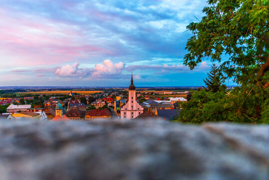View from castle wall on colorful houses in Javornik city