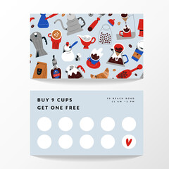 Coffee card template, vector layout for loyalty program. Minimalist design with modern illustrations of coffee cups and mugs.