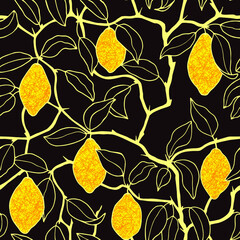  Lemons tree seamless pattern. Vector stock illustration eps10. Hand drawing