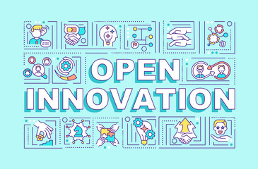 Fototapeta na wymiar Open innovation word concepts banner. Infographics with linear icons on blue background. Use of internal and external ideas. Isolated typography. Vector outline RGB color illustration