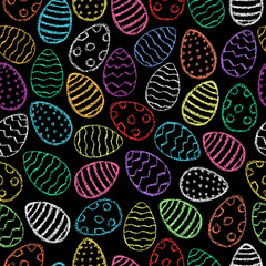 Chalk Easter eggs pattern. Crayon style Easter print. Children drawing eggs hand drawn wax crayons art on black. Color pastel crayons freehand drawn egg background. Fabric Easter texture.