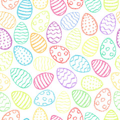 Chalk Easter eggs pattern. Crayon style Easter print. Children drawing eggs hand drawn wax crayons art on white. Color pastel crayons freehand drawn egg background. Fabric Easter texture.Chalk eggs.