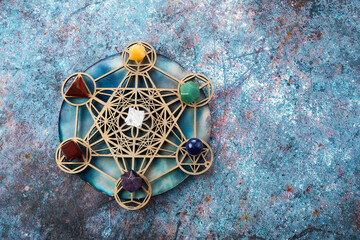 Meditation, reiki and crystal healing background. Healing crystals grid.