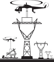 Fototapeta na wymiar Helicopter installs an electric pole on a power line - vector illustration