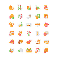 Groceries category vector flat color icon set. Supermarket food. Drink products. Store supplies. Miscellaneous shop goods. Cartoon style clip art for mobile app pack. Isolated RGB illustration bundle