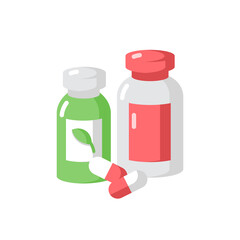 Obraz premium Pharmacy vector flat color icon. Pills in containers. Herbal drugs. Health care. Diet supplements. Pharmaceutical products in bottles. Cartoon style clip art for mobile app. Isolated RGB illustration