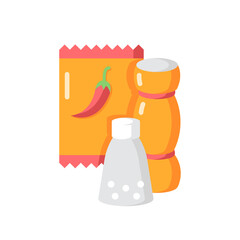 Condiments vector flat color icon. Pepper and salt for cooking. Seasoning options. Dressings for meal. Red pepper in packet. Cartoon style clip art for mobile app. Isolated RGB illustration