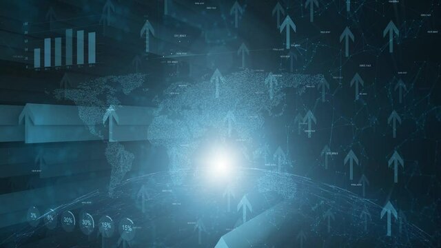 Modern business network infographic with positive arrows on artistic shiny blue animation background.