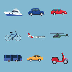 bundle of nine transport vehicles set icons