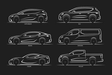 Set of vector car silhouettes. Side view of hatchback, sedan, coupe, SUV, minivan, pickup - obrazy, fototapety, plakaty